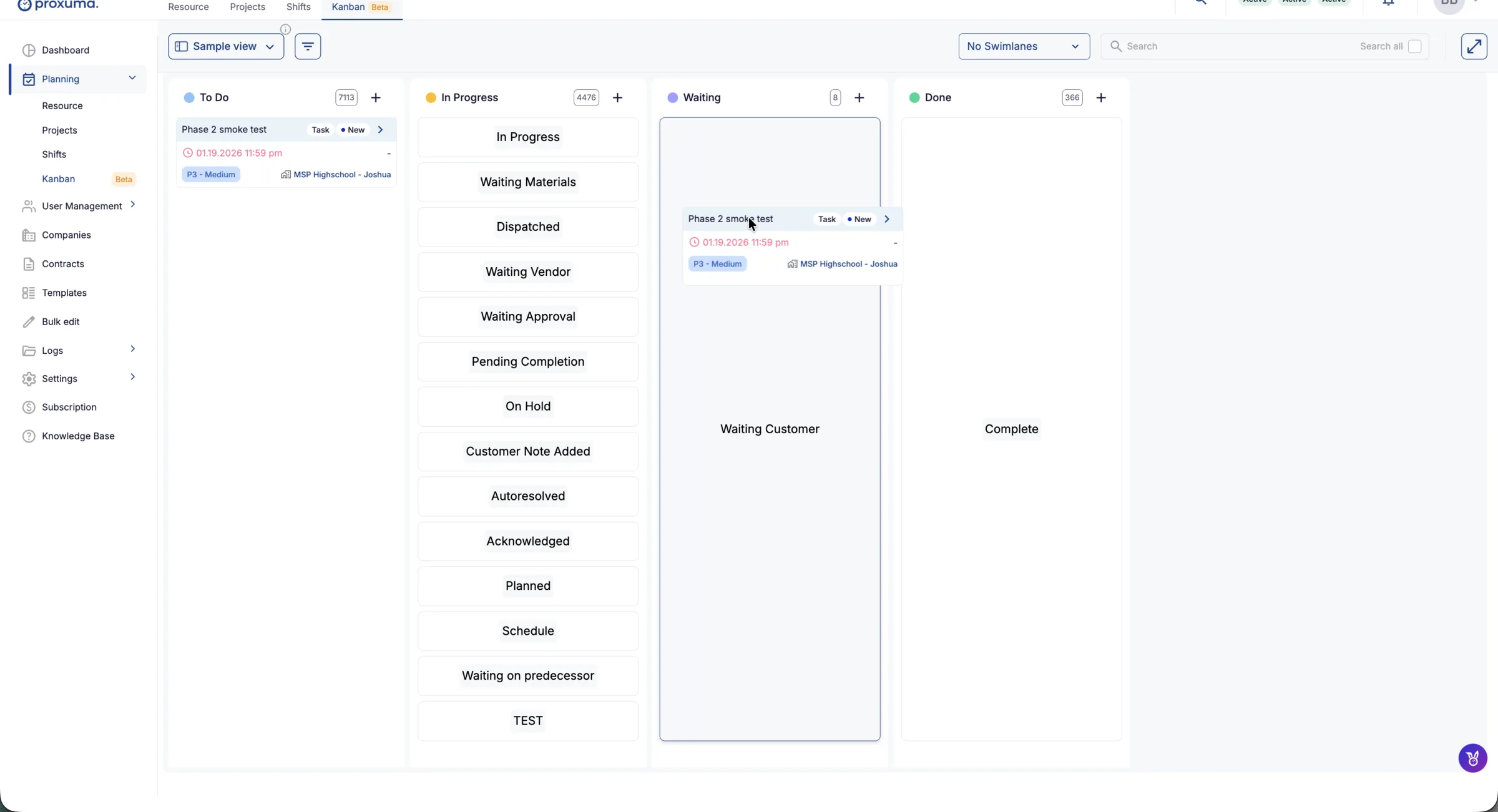 Proxuma kanban board — Autotask statuses as columns of ticket cards.