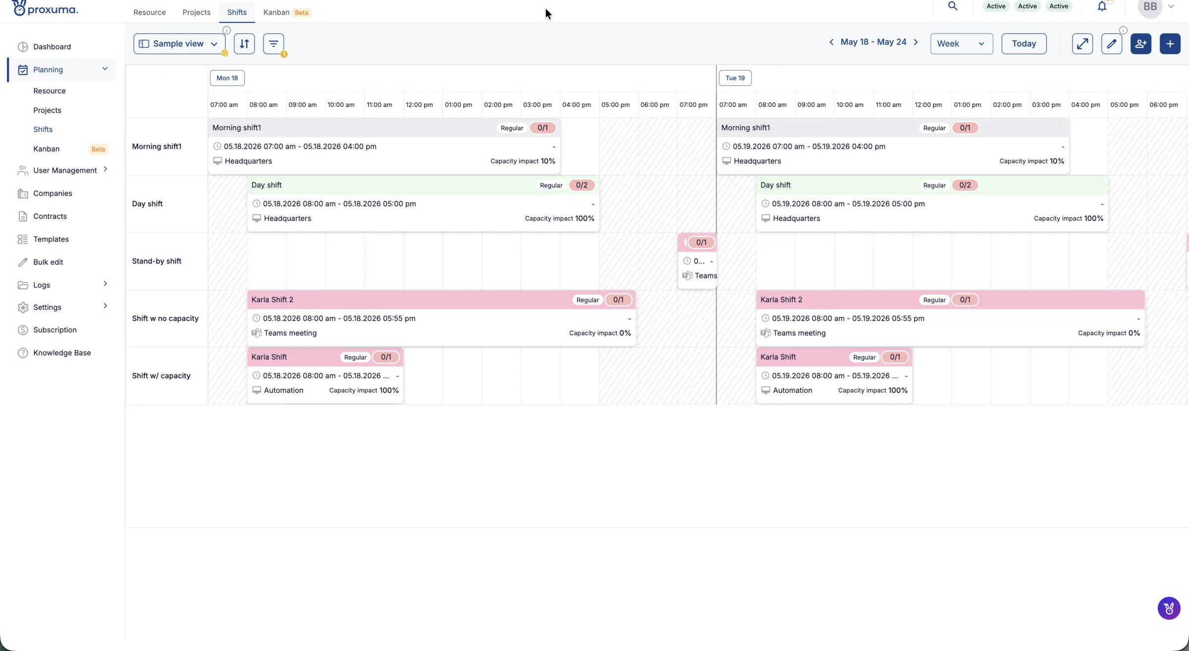 Proxuma shift roster — morning, day and stand-by shifts laid out per resource.