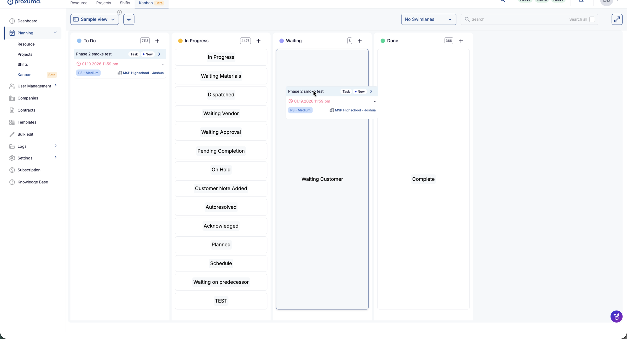 Proxuma Kanban board